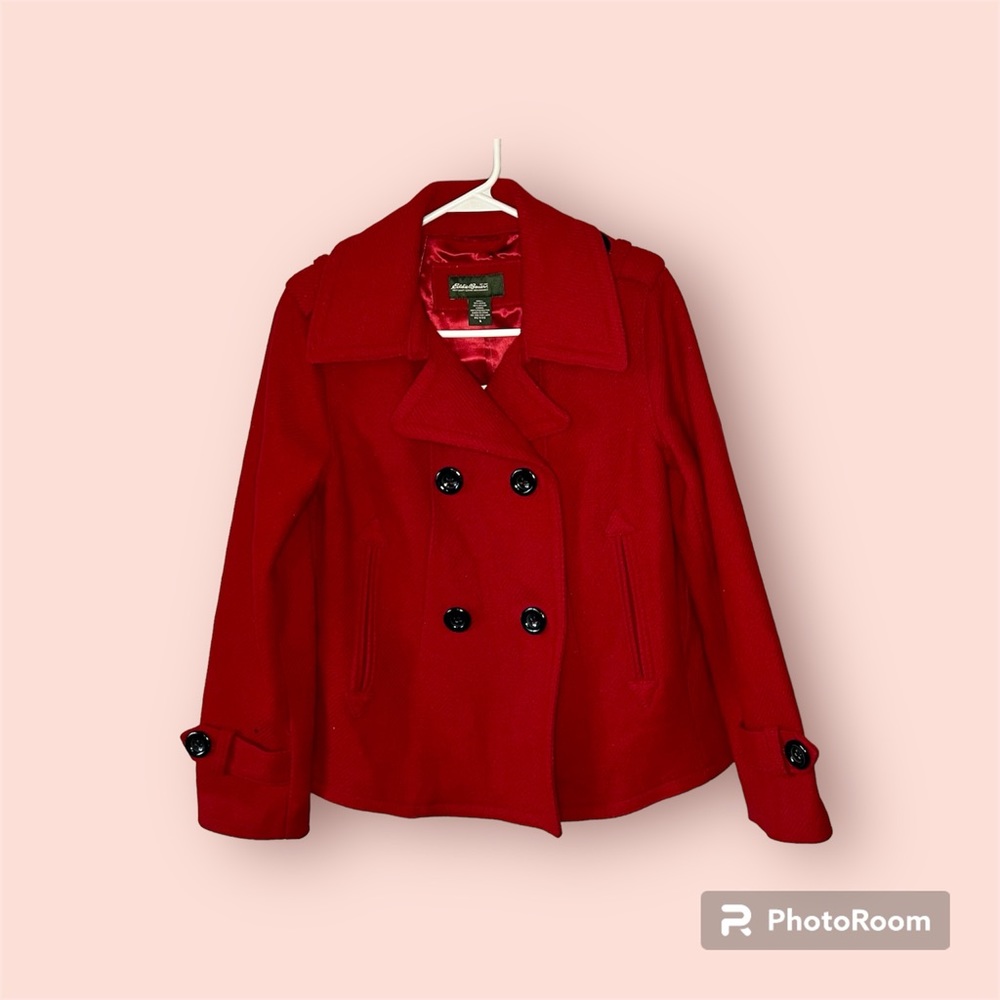 Eddie Bauer red wool blend winter coat women's size S petite pea coat double br…